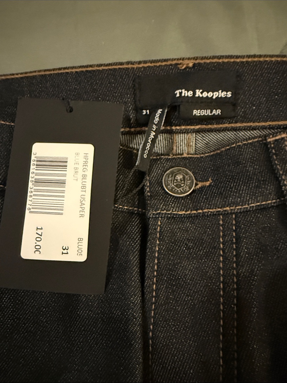 The Kooples Men's Dark Blue Slim Straight Jeans with Brown Stitching
